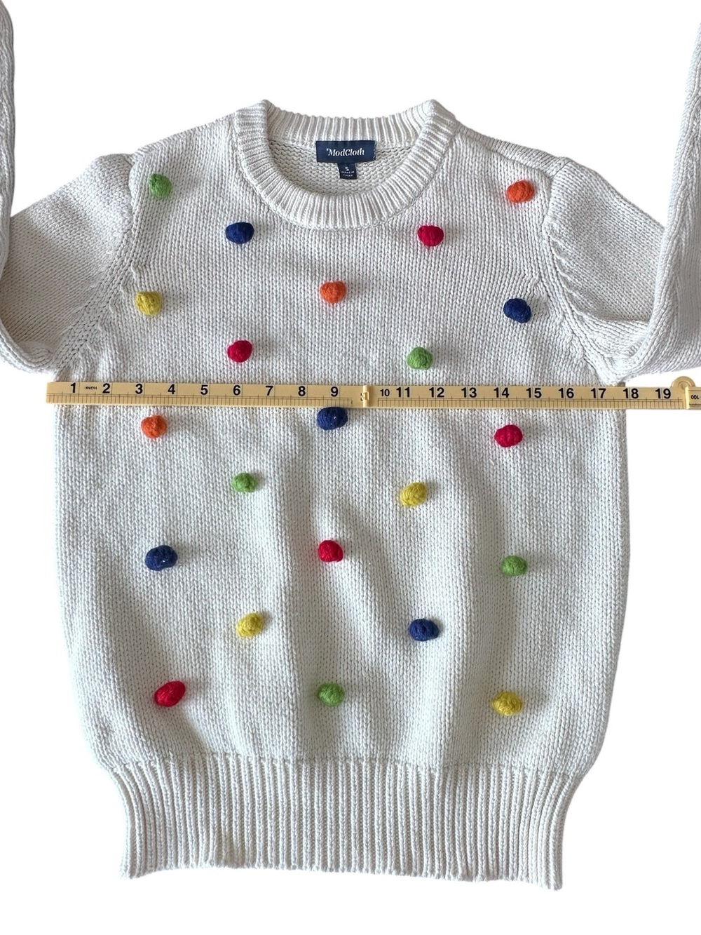 ModCloth Women’s Blowing Bubbles Cream Multi Pom Pom Crew Neck Sweater Small - Picture 6 of 8